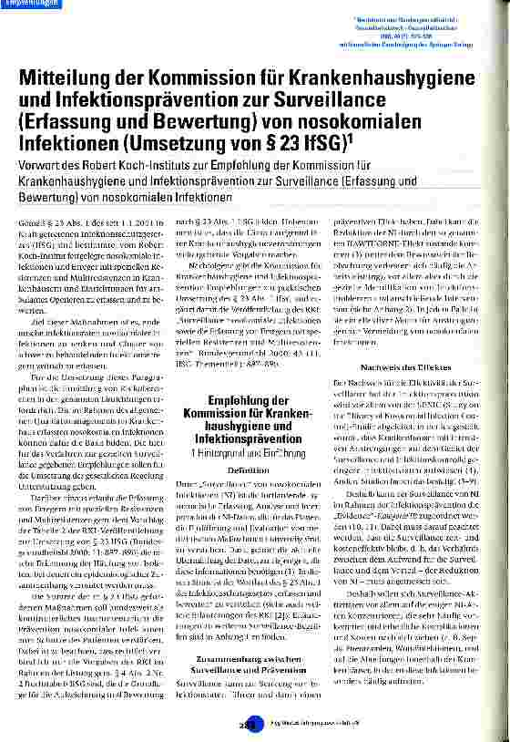 Vorschauseite 1: Mitteilung der Kommission vür Krankenhaushygiene und Infektionsprävention zur Surveillance (Erfassung und Bewertung) von nosokomialen Infektionen (Umsetzung von § 23 IfSG)