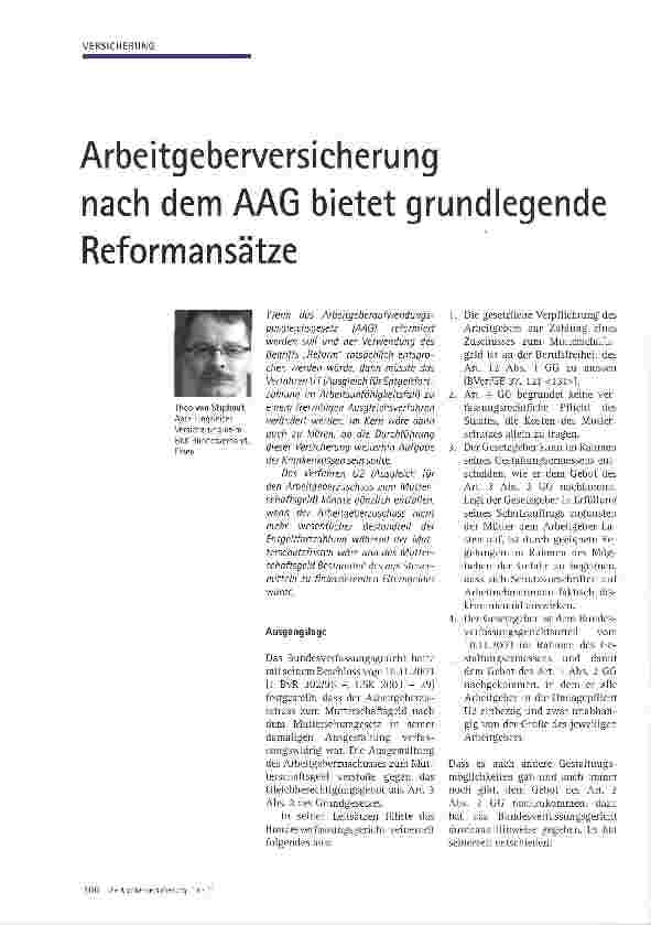 Vorschauseite 1: Arbeitgeberversicherung nach dem AAG bietet grundlegende Reformansätze