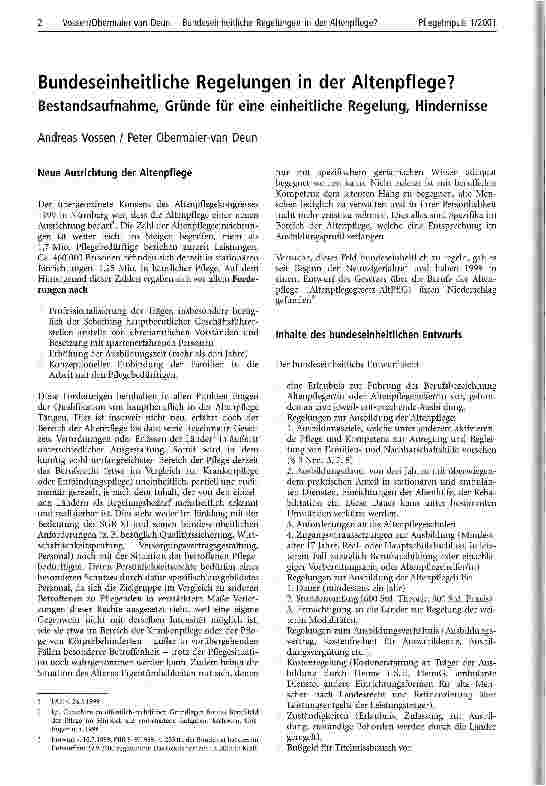 Vorschauseite 1: Bundeseinheitliche Regelungen in der Altenpflege? Bestandsaufnahme, Gründe für eine einheitliche Regelung, Hindernisse