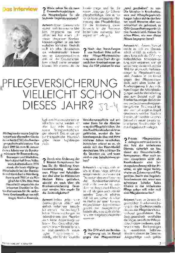 Vorschauseite 1: Pflegeversicherung vielleicht schon dieses Jahr? Interview mit Bundesgesundheitsministerin Hasselfeldt