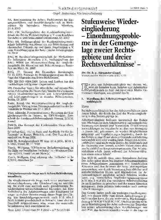 Vorschauseite 1: Stufenweise Wiedereingliederung - Einordnungsprobleme in der Gemenge-laee zweier Rechtsgebiete und dreier Rechtsverhältnisse