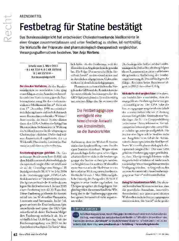 Vorschauseite 1: Festbetrag für Statine bestätigt