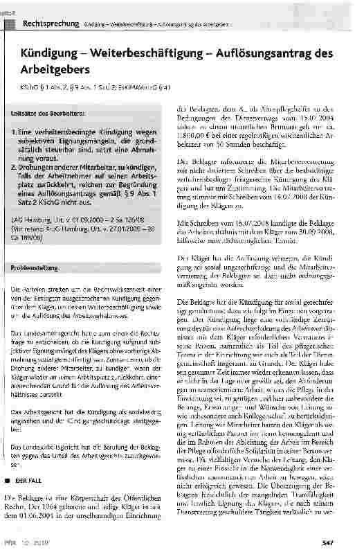 Vorschauseite 1: Kündigung - Weiterbeschäftigung - Auflösungsantrag des ArbeitgebersKSchG § 1 Abs. 2, § 9 Abs. 1 Satz 2; EvKiMAVertrG § 41