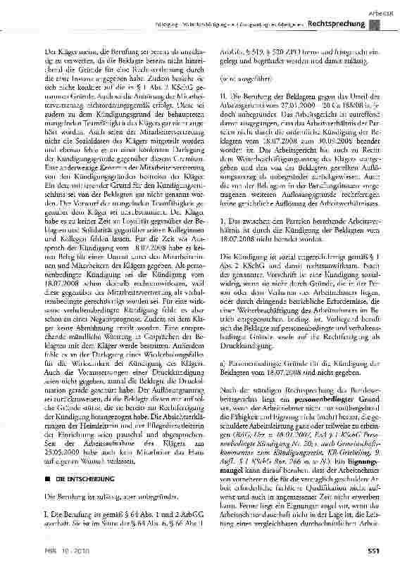 Vorschauseite 5: Kündigung - Weiterbeschäftigung - Auflösungsantrag des ArbeitgebersKSchG § 1 Abs. 2, § 9 Abs. 1 Satz 2; EvKiMAVertrG § 41