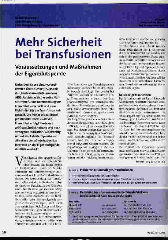 Vorschauseite 1: Mehr Sicherheit bei Transfusionen Voraussetzungen und Maßnahmen der Eigenblutspende