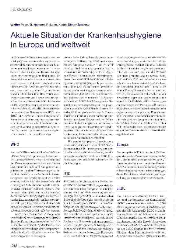 Vorschauseite 1: Aktuelle Situation der Krankenhaushygiene in Europa und weltweit