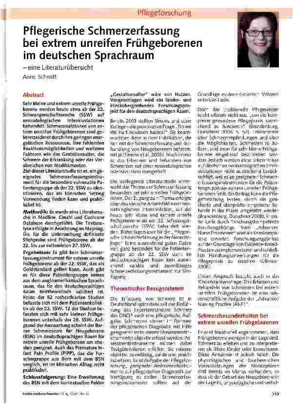 Vorschauseite 1: Pflegerische Schmerzerfassung bei extrem unreifen Frühgeborenen im deutschen Sprachraum