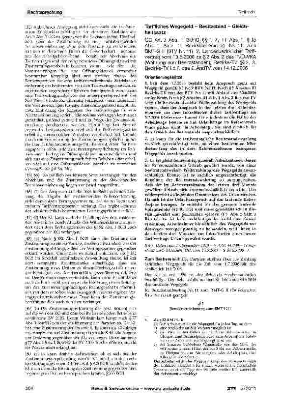 Vorschauseite 1: Tarifliches Wegegeld - Besitzstand - GleichheitssatzGG Art. 3 Abs. 1; BUrIG §§1, 7, 11 Abs. 1, §13 Abs. 1 Satz 1; Bezirkstarifvertrag Nr. 11 zum BMT-G II (BTV Nr. 11); 2. Landesbe…