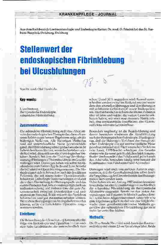 Vorschauseite 1: Stellenwert der endoskopischen Fibrinklebung bei Ulcusblutungen