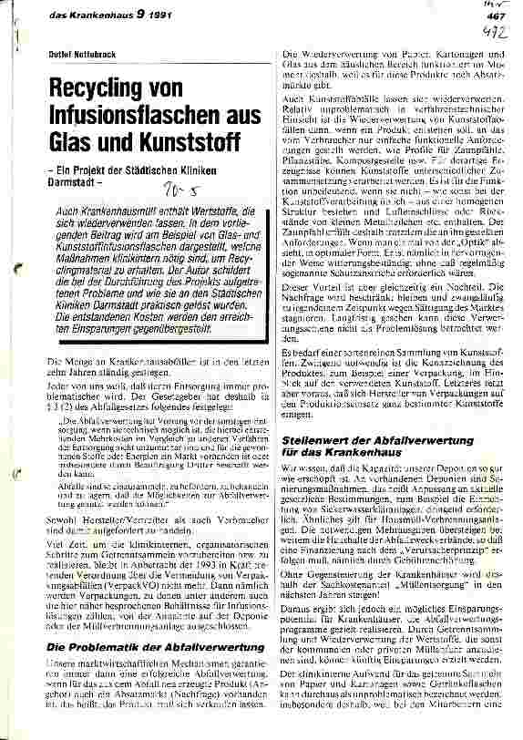 Vorschauseite 1: Recycling von Infusionsflaschen aus Glas und Kunststoffen Ein Projekt der Städtischen Kliniken Darmstadt