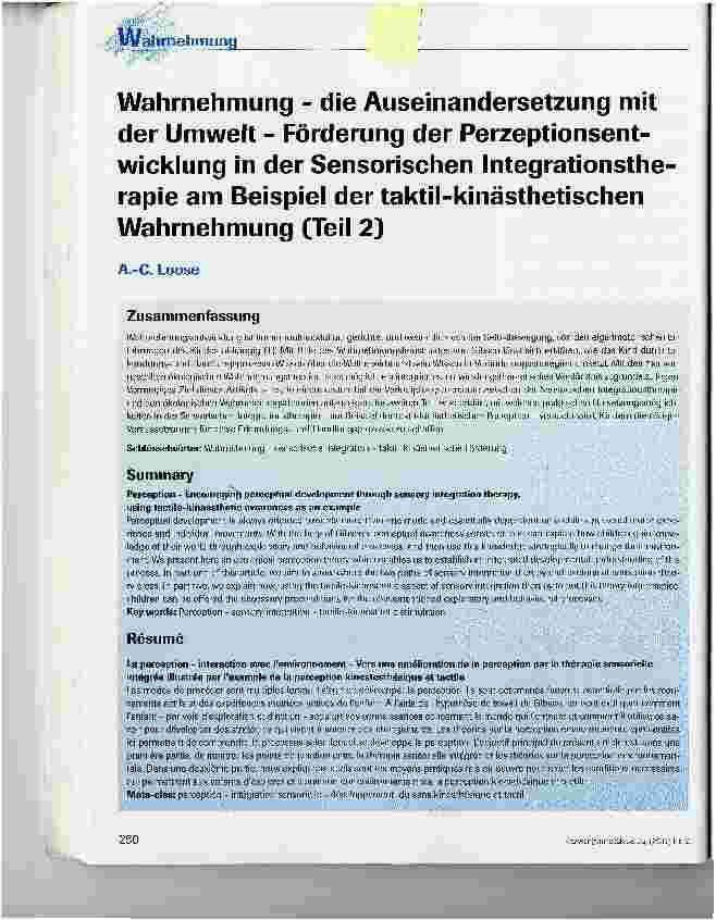 Vorschauseite 1: Wahrnehmung - die Auseinandersetzung mit der Umwelt - Förderung der Perzeptionsentwicklung in der Sensorischen Integrationstherapie am Beispiel der taktil-kinästhetischen Wahrnehm…