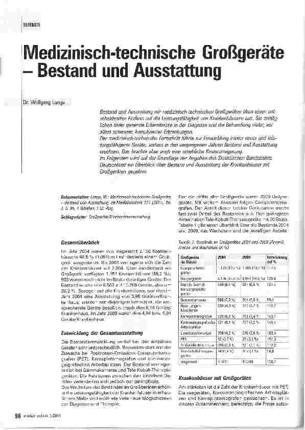 Vorschauseite 1: Medizinisch-technische Großgeräte - Bestand und Ausstattung