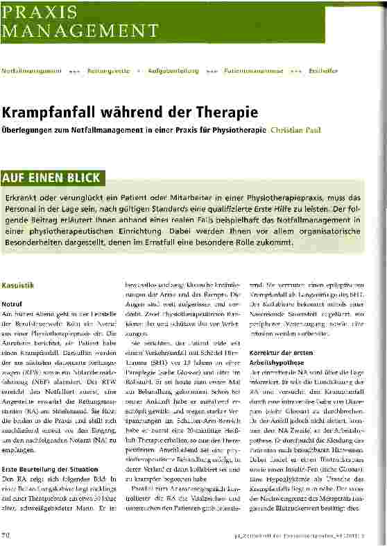 Vorschauseite 1: Krampfanfall während der TherapieÜberlegungen zum Notfallmanagement in einer Praxis für Physiotherapie