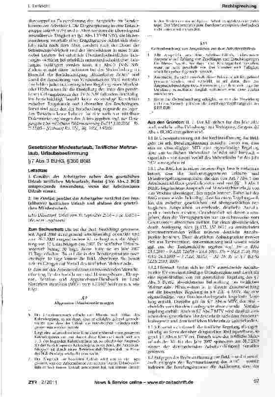 Vorschauseite 1: Gesetzlicher Mindesturlaub, Tariflicher Mehrurlaub, Urlaubsbestimmung§7Abs.3BUrlG, §366 BGB