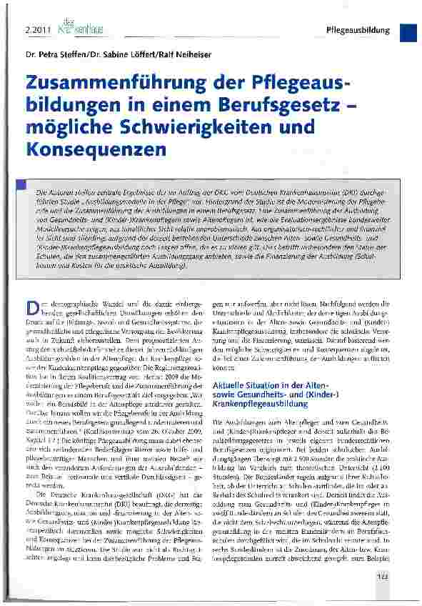 Vorschauseite 1: Zusammenführung der Pflegeausbildungen in einem Berufsgesetz -mögliche Schwierigkeiten und Konsequenzen