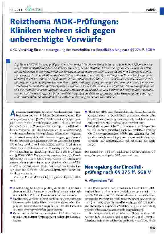 Vorschauseite 1: Reizthema AADK-Prüfungen: Kliniken wehren sich gegen unberechtigte VorwürfeDKG-Vorschlag für eine Neuregelung der Vorschriften zur Einzelfallprüfung nach §§ 275 ff. SGB V