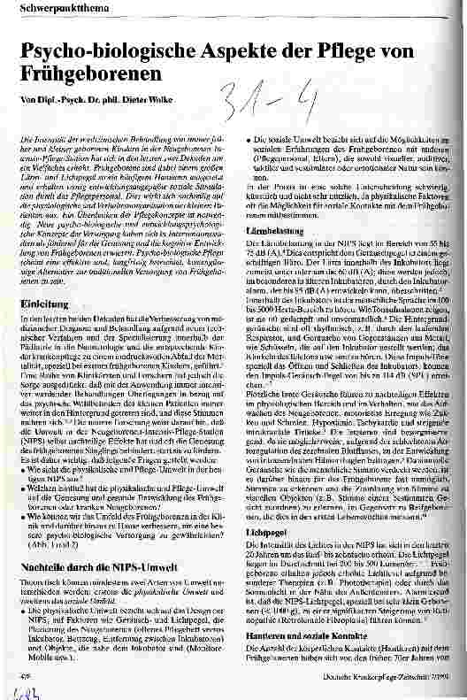 Vorschauseite 1: Psycho-biologische Aspekte der Pflege von Frühgeborenen