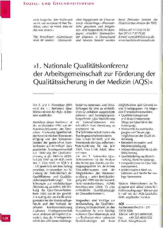 Vorschauseite 1: 1. Nationale Qualitätskonferenz der Arbeitsgemeinschaft zur Förderung der Qualitätssicherung in der Medizin (AQS)