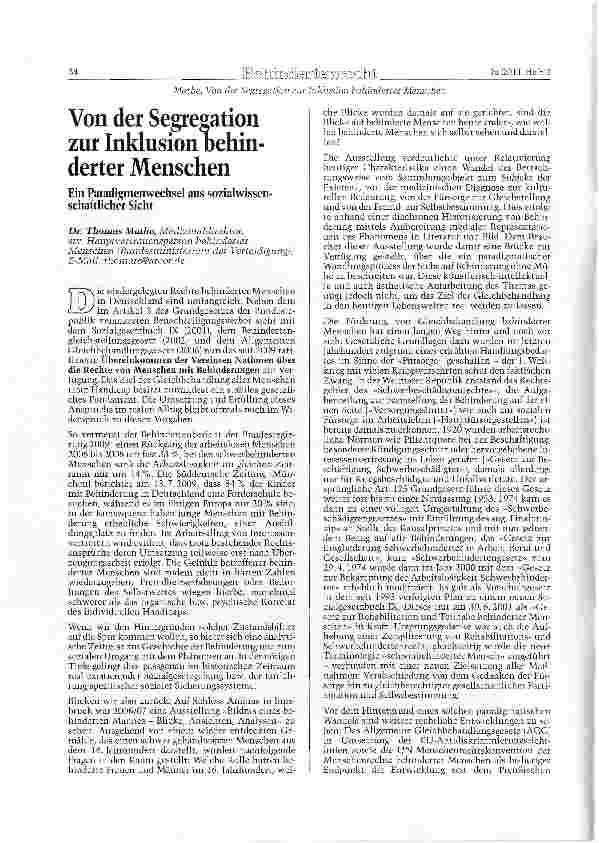 Vorschauseite 1: Von der Segregation zur Inklusion behinderter Menschen