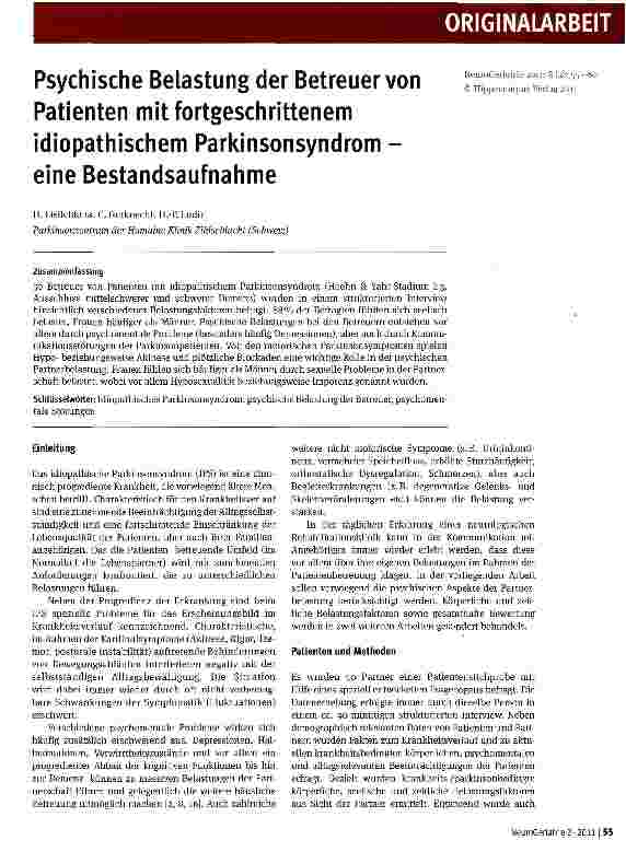 Vorschauseite 1: Psychische Belastung der Betreuer von Patienten mit fortgeschrittenem idiopathischem Parkinsonsyndrom -eine Bestandsaufnahme