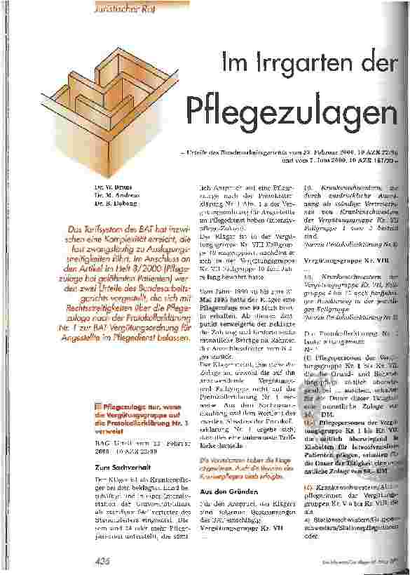Vorschauseite 1: Im Irrgarten der Pflegezulagen Urteile des Bundesarbeitsgerichts vom 23. Februar 2000 und vom 7. Juni 2000
