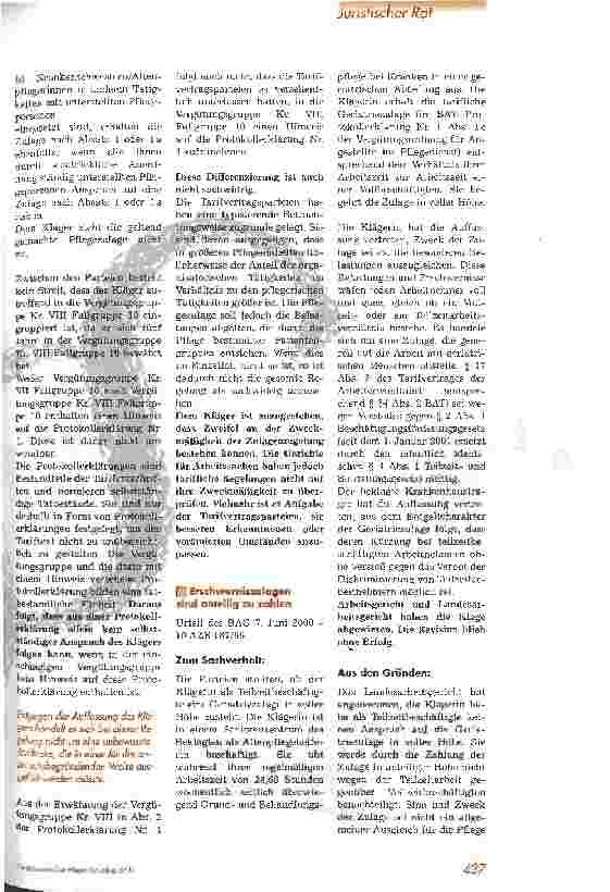 Vorschauseite 2: Im Irrgarten der Pflegezulagen Urteile des Bundesarbeitsgerichts vom 23. Februar 2000 und vom 7. Juni 2000