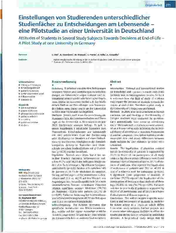 Vorschauseite 1: Einstellungen von Studierenden unterschiedlicher Studienfächer zu Entscheidungen am Lebensende -eine Pilotstudie an einer Universität in Deutschland