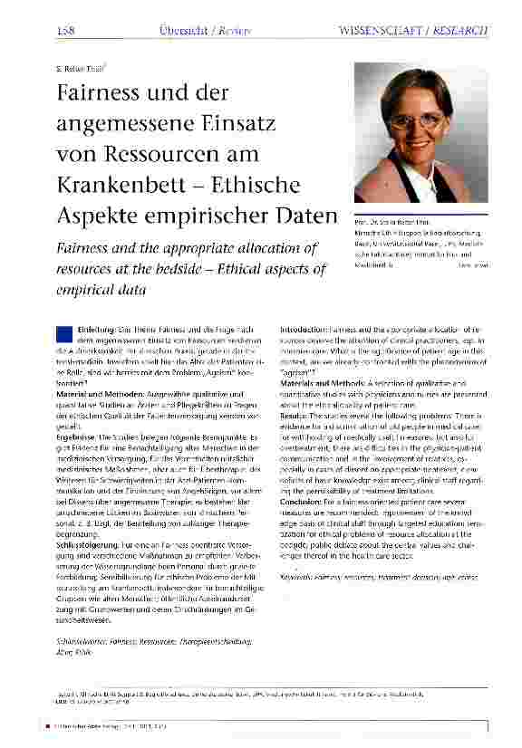 Vorschauseite 1: Fairness und der angemessene Einsatz von Ressourcen am Krankenbett - Ethische Aspekte empirischer Daten