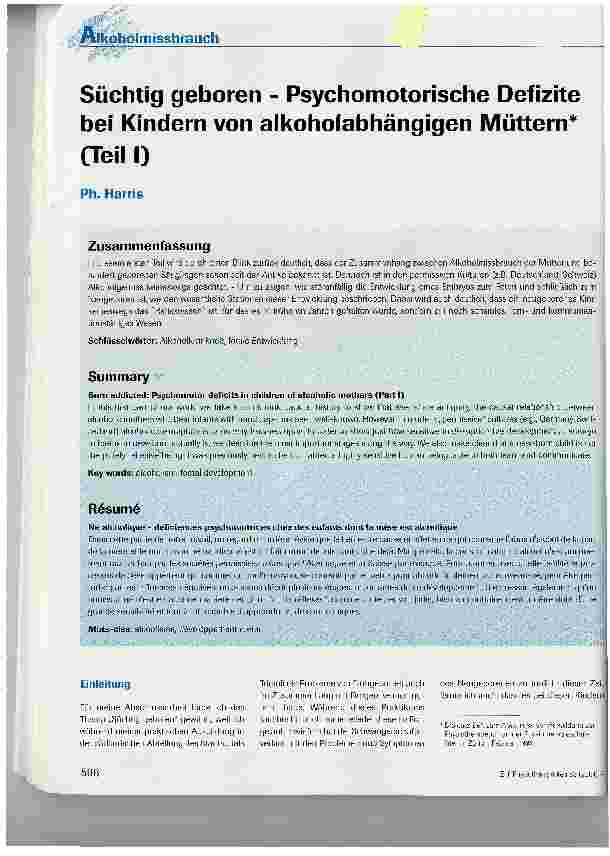 Vorschauseite 1: Süchtig geboren - Psychomotorische Defizite bei Kindern von alkoholabhängigen Müttern (Teil I)