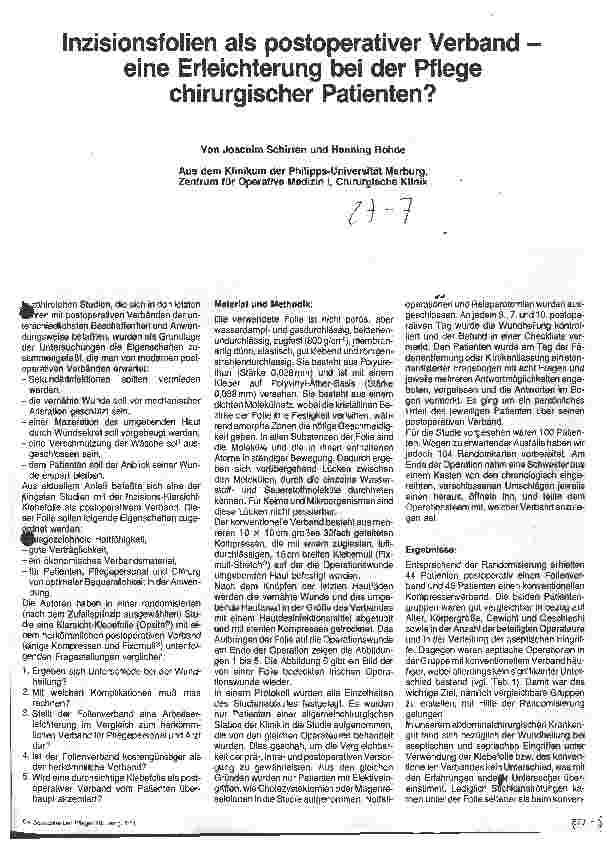 Vorschauseite 1: Inzisionsfolien als postoperativer Verband - eine Erleichterung bei der Pflege chirurgischer Patienten?