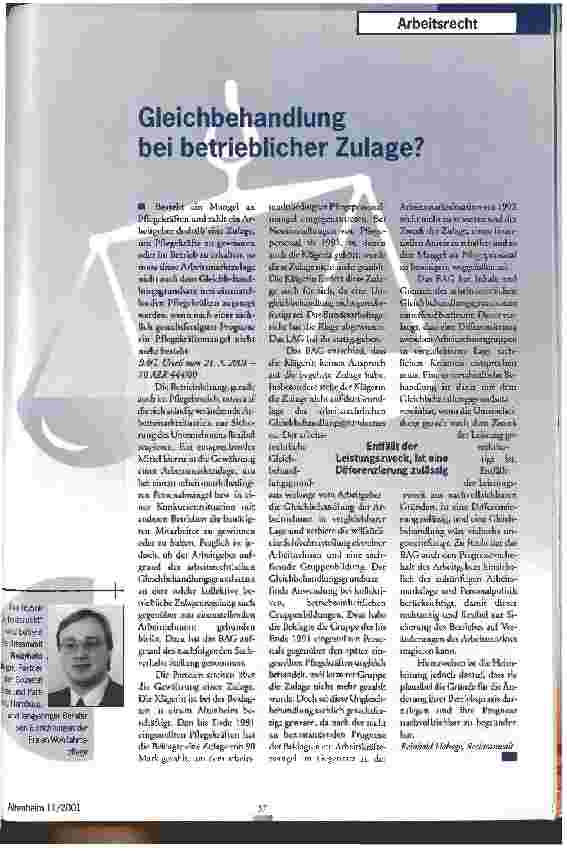 Vorschauseite 1: Gleichbehandlung bei betrieblicher Zulage?