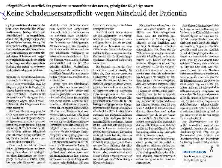 Vorschauseite 1: Keine Schadensersatzpflicht wegen Mitschuld der Patientin