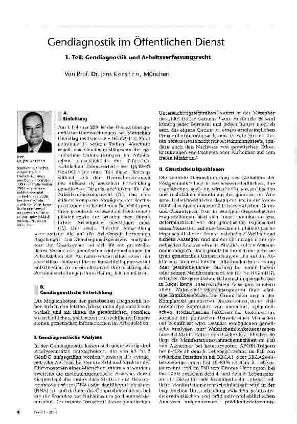 Vorschauseite 1: Gendiagnostik im Öffentlichen Dienst1. Teil: Gendiagnostik und Arbeitsverfassungsrecht
