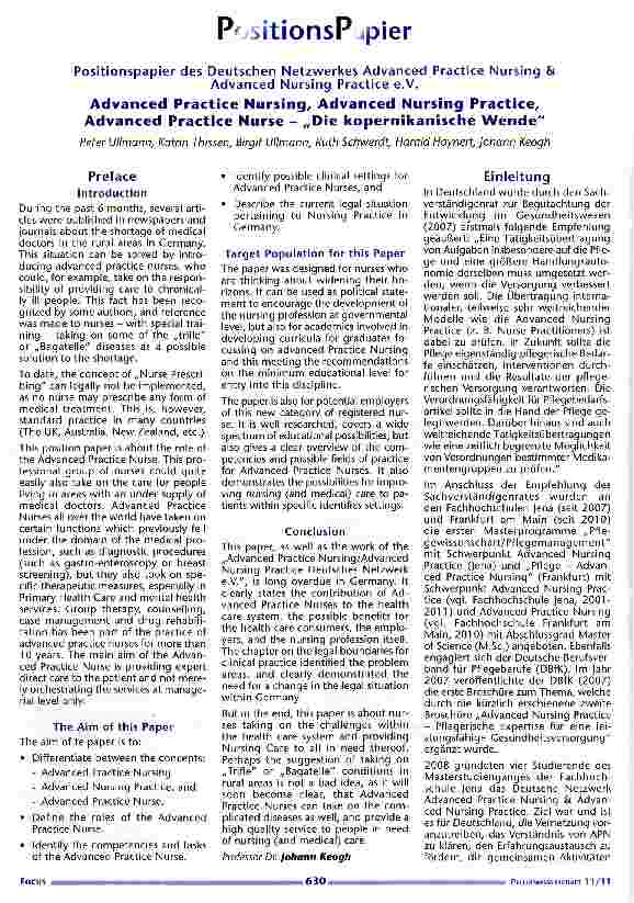 Vorschauseite 1: Positionspapier des Deutschen Netzwerkes Advanced Practice Nursing &Advanced Nursing Practice e.V.