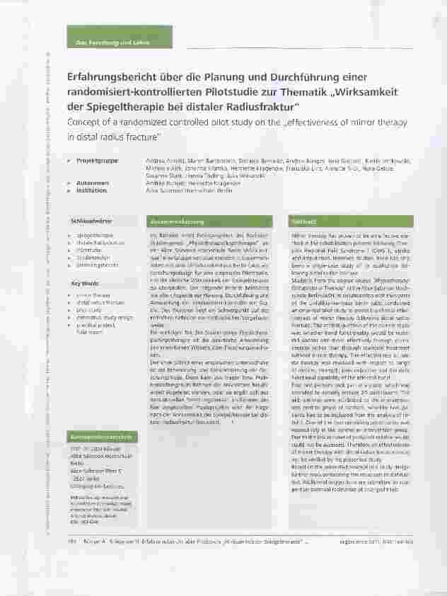 Vorschauseite 1: Erfahrungsbericht über die Planung und Durchführung einer randomisiert-kontrollierten Pilotstudie zur Thematik „Wirksamkeit der Spiegeltherapie bei distaler Radiusfraktur
