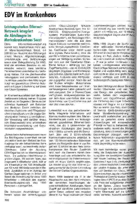 Vorschauseite 1: EDV im Krankenhaus Leistungsstarkes Ethernet-Netzwerk integriert die Abteilungen im Marienkrankenhaus Soest