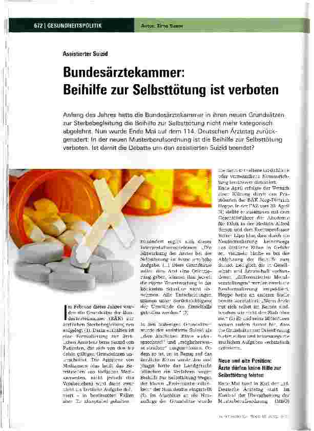 Vorschauseite 1: Bundesärztekammer:Beihilfe zur Selbsttötung ist verboten