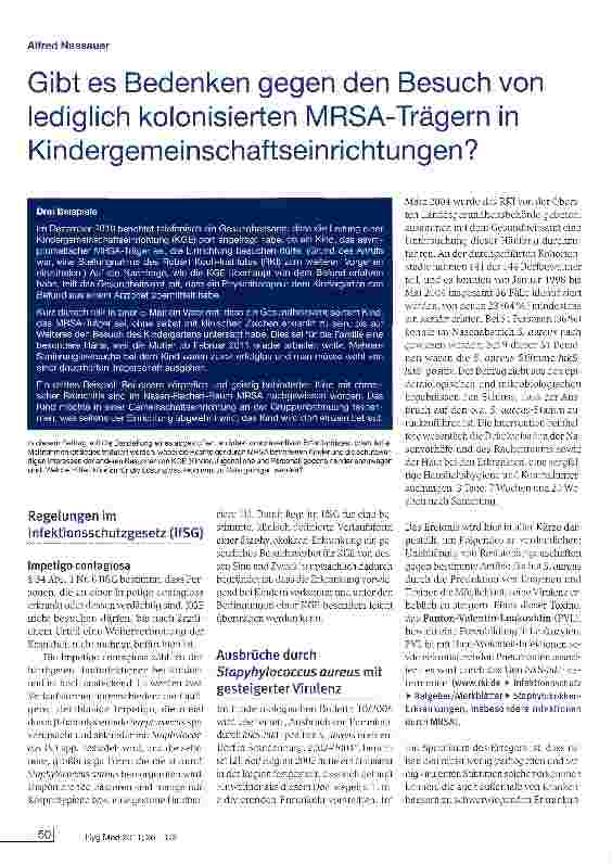 Vorschauseite 1: Gibt es Bedenken gegen den Besuch von lediglich kolonisierten MRSA-Trägern in Kindergemeinschaftseinrichtungen?