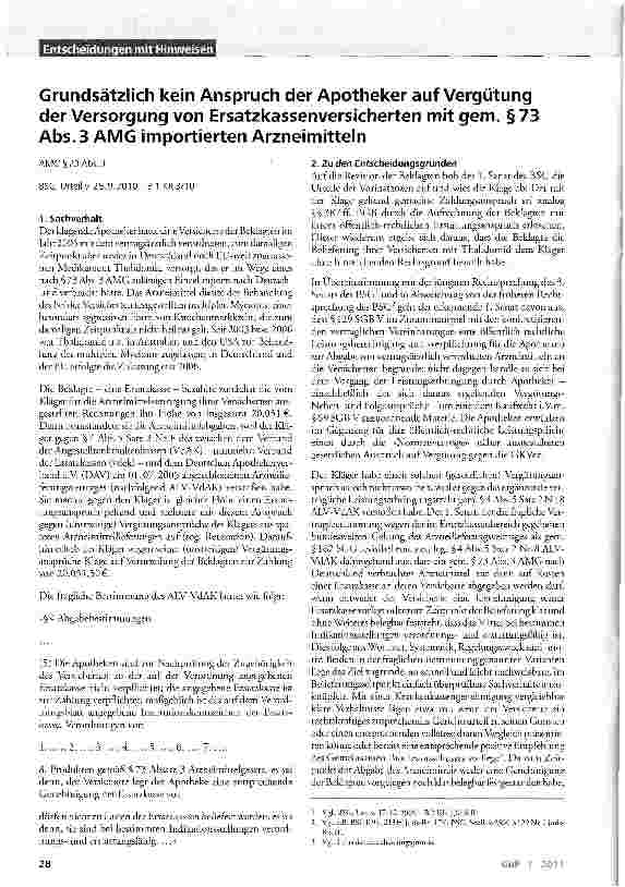 Vorschauseite 1: Grundsätzlich kein Anspruch der Apotheker auf Vergütung der Versorgung von Ersatzkassenversicherten mit gem. §73 Abs. 3 AMG importierten Arzneimitteln