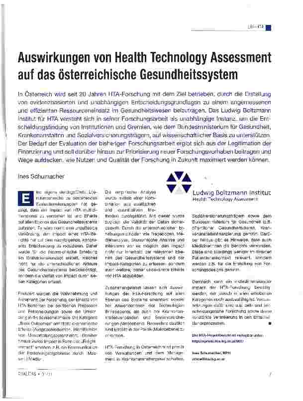 Vorschauseite 1: Auswirkungen von Health Technology Assessment auf das österreichische Gesundheitssystem