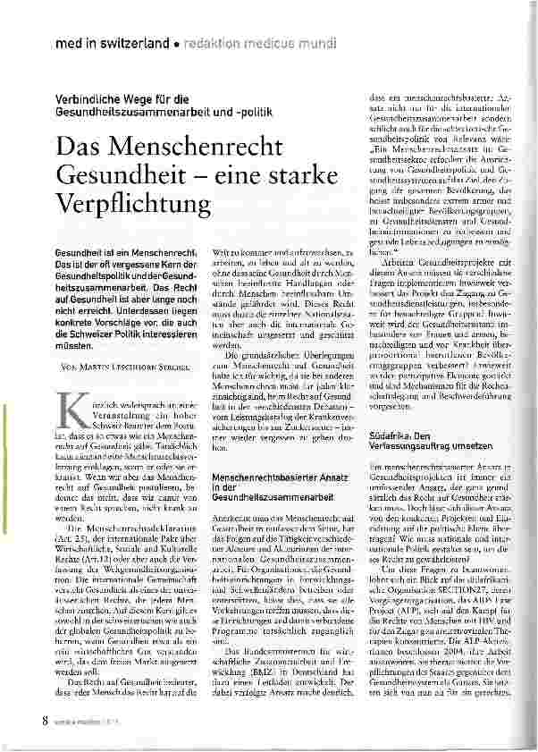 Vorschauseite 1: Das Menschenrecht Gesundheit - eine starke Verpflichtung