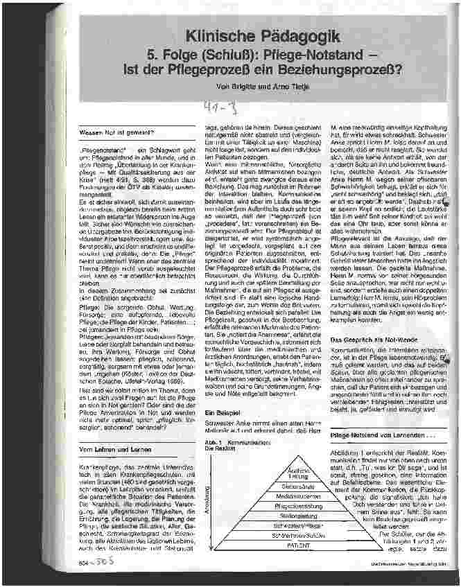 Vorschauseite 1: Klinische Pädagogik - 5. Folge (Schluß): Pflege-Notstand - Ist der Pflegeprozeß ein Beziehungsprozeß?