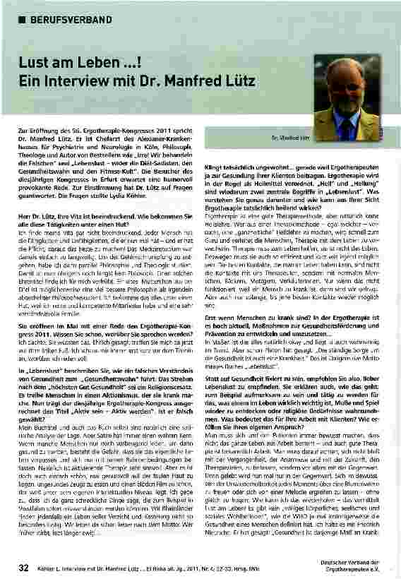 Vorschauseite 1: Lust am Leben...! Ein Interview mit Dr. Manfred Lutz