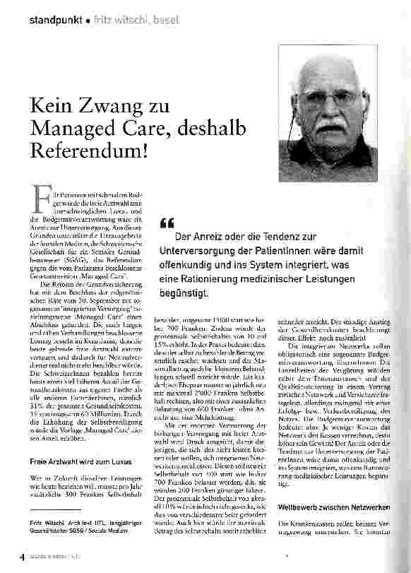 Vorschauseite 1: Kein Zwang zu Managed Care, deshalb Referendum!