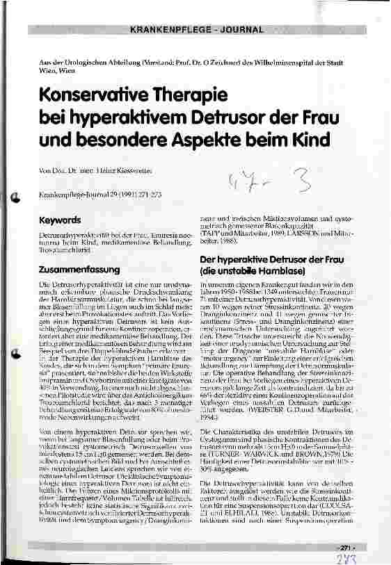Vorschauseite 1: Konservative Therapie bei hyperaktivem Detrusor der Frau und besondere Aspekte beim Kind