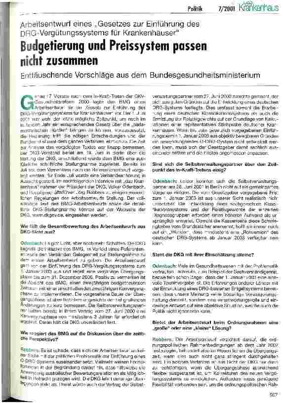 Vorschauseite 1: Budgetierung und Preissystem passen nicht zusammen Enttäuschende Vorschläge aus dem Bundesgesundheitsministerium
