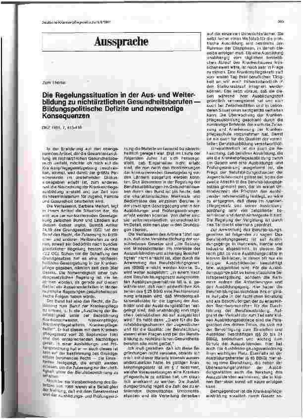 Vorschauseite 1: Die Regelungssituation in der Ausund Weiterbildung zu nichtärztlichen Gesundheitsberufen -Bildungspolitische Defizite und notwendige Konsequenzen