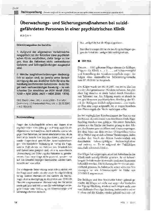 Vorschauseite 1: Überwachungsund Sicherungsmaßnahmen bei suizidgefährdeten Personen in einer psychiatrischen KlinikBGB §823