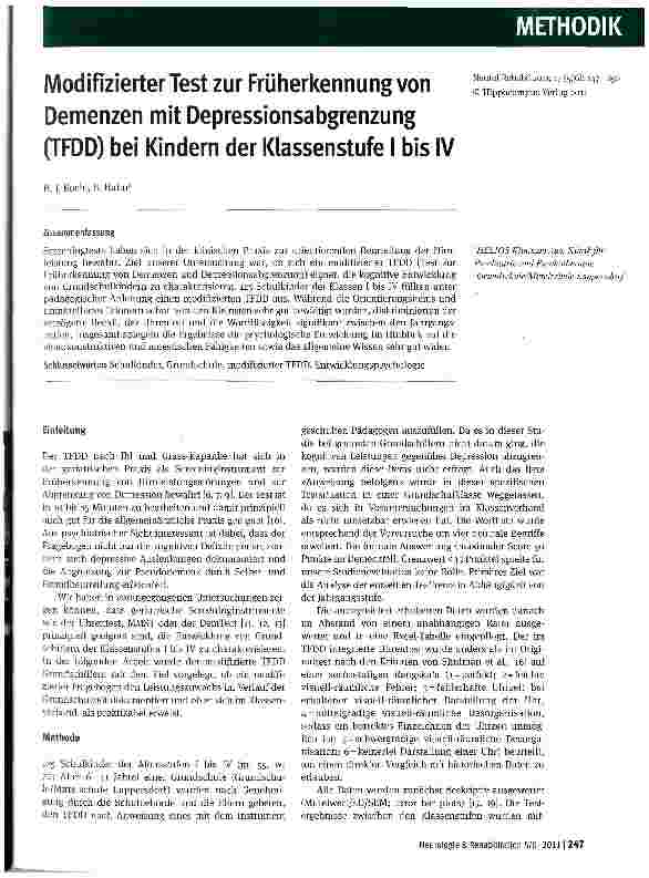 Vorschauseite 1: Modifizierter Test zur Früherkennung von Demenzen mit Depressionsabgrenzung (TFDD) bei Kindern der Klassenstufe I bis IV