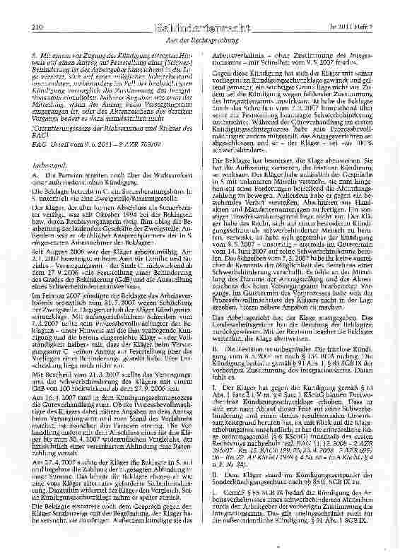 Vorschauseite 2: SGB IX §§ 85 ff., 90 Abs. 2 a Notwendigkeit einer vorherigen Zustimmung des Integrationsamts bei einer fristlosen Kündigung eines schwerbehinderten Arbeitnehmers - Folgen einer Ke…